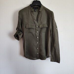 Ladies SZ 2 Inc Green Linen Long Sleeve Blouse